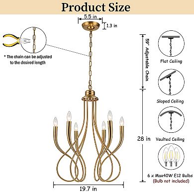 20'' 6-Light Plated Brass Candelabra Chandelier with Curved Arms Mid-Century Modern Pendant Light