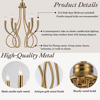 20'' 6-Light Plated Brass Candelabra Chandelier with Curved Arms Mid-Century Modern Pendant Light