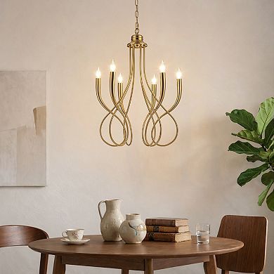 20'' 6-Light Plated Brass Candelabra Chandelier with Curved Arms Mid-Century Modern Pendant Light