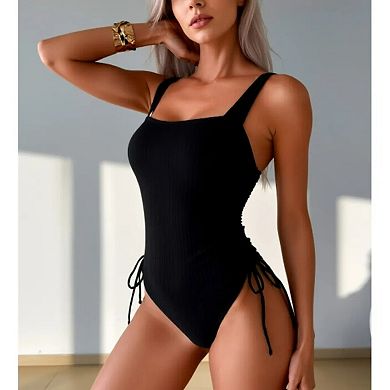 Women's Ribbed One Piece Swimsuit Square Neck with Side Drawstrings High Cut Bathing Suit