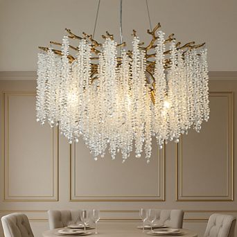 25'' Modern Glam Crystal Chandelier Antique Brass Branch Style 6-Light Pendant Ceiling Light