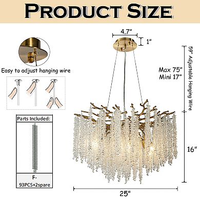 25'' Modern Glam Crystal Chandelier Antique Brass Branch Style 6-Light Pendant Ceiling Light