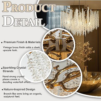 25'' Modern Glam Crystal Chandelier Antique Brass Branch Style 6-Light Pendant Ceiling Light