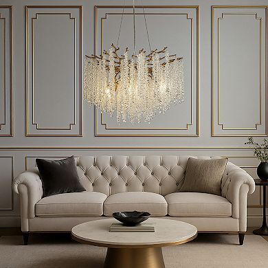25'' Modern Glam Crystal Chandelier Antique Brass Branch Style 6-Light Pendant Ceiling Light