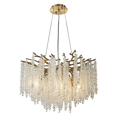 25'' Modern Glam Crystal Chandelier Antique Brass Branch Style 6-Light Pendant Ceiling Light