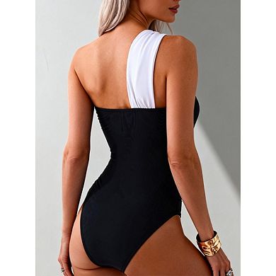 Women's Block One Piece Swimsuit Crisscross Halter Ruched Tummy Control Bathing Suit