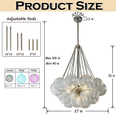 27'' Modern Glam Cluster Chandelier 6 Lights Pendant with Hand Blown Textured Glass Globes