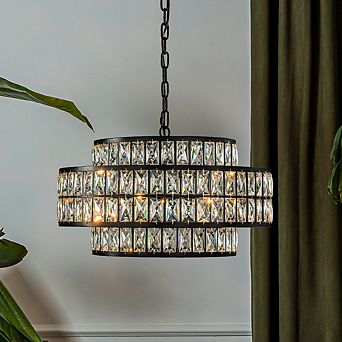 22'' Modern Crystal Chandelier 6-Light Matte Black Tiered Drum Pendant Light Fixture for Dining Room