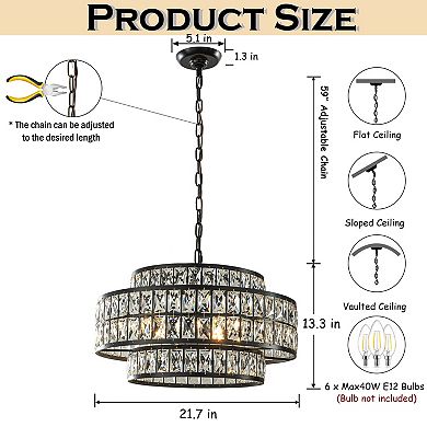 22'' Modern Crystal Chandelier 6-Light Matte Black Tiered Drum Pendant Light Fixture for Dining Room