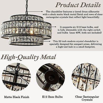 22'' Modern Crystal Chandelier 6-Light Matte Black Tiered Drum Pendant Light Fixture for Dining Room
