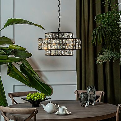 22'' Modern Crystal Chandelier 6-Light Matte Black Tiered Drum Pendant Light Fixture for Dining Room