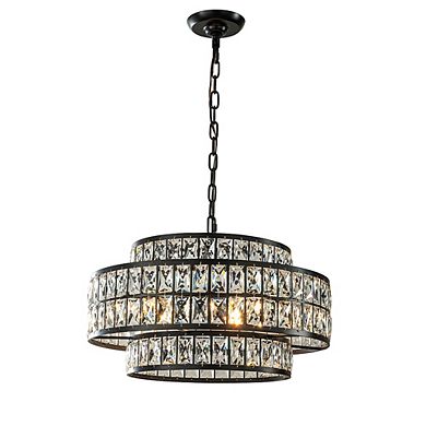 22'' Modern Crystal Chandelier 6-Light Matte Black Tiered Drum Pendant Light Fixture for Dining Room