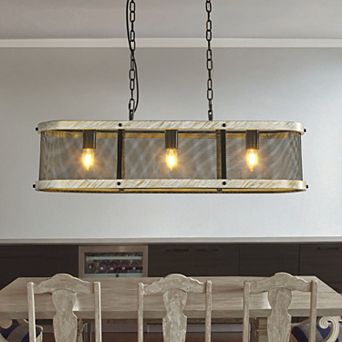 32 in 3-Light Black Mesh Kitchen Island Chandelier with Rectangle Weathered White Wood Frame