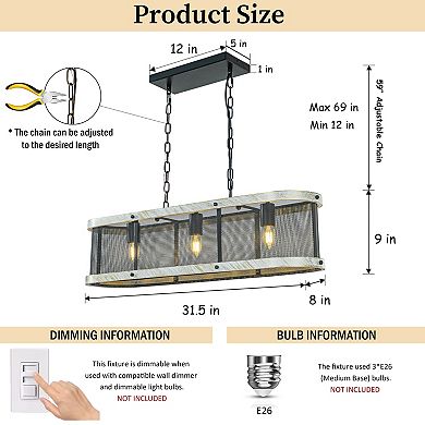 32 in. 3-Light Black Mesh Kitchen Island Chandelier with Rectangle Weathered White Wood Frame