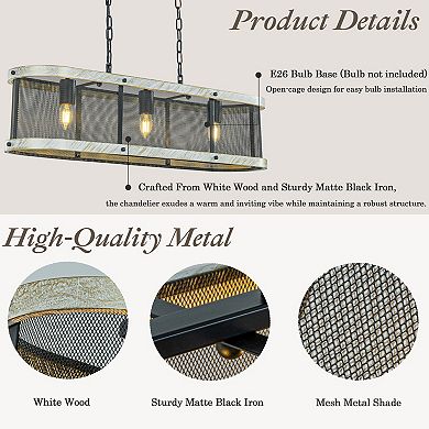 32 in. 3-Light Black Mesh Kitchen Island Chandelier with Rectangle Weathered White Wood Frame