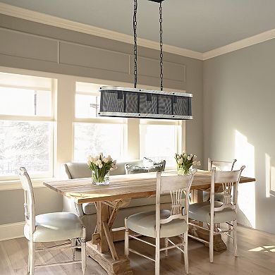 32 in. 3-Light Black Mesh Kitchen Island Chandelier with Rectangle Weathered White Wood Frame
