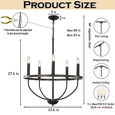 26'' 5-Light Modern Matt Black Classic Candelabra Chandelier Industrial Candle Pendant Light