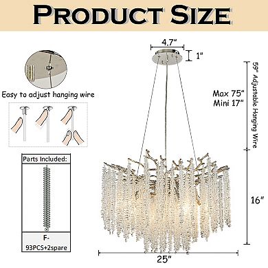 25'' Modern Glam Crystal Chandelier Polished Nickel Branch Style 6-Light Pendant Ceiling Light