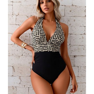 Women's Geometric Print Halter One Piece Swimsuit Tummy Control Bathing Suit