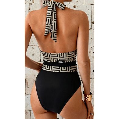Women's Geometric Print Halter One Piece Swimsuit Tummy Control Bathing Suit