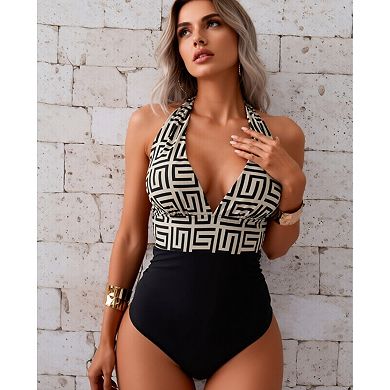 Women's Geometric Print Halter One Piece Swimsuit Tummy Control Bathing Suit