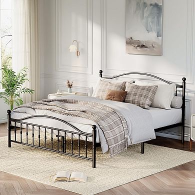 Platform Bed Frame, Metal Bed with Vintage Circular Headboard, Iron Construction, Noise-Free