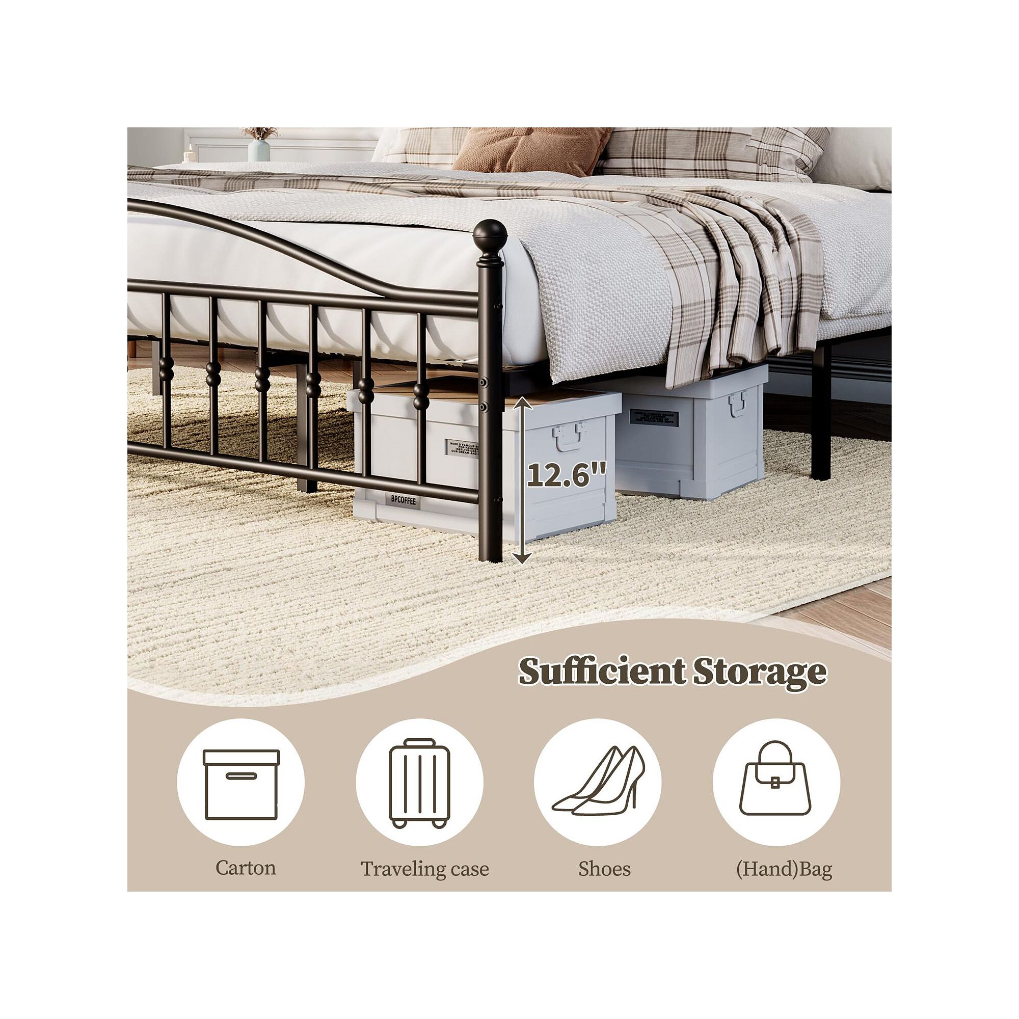 Black metal platform bed frame showing under-bed storage support