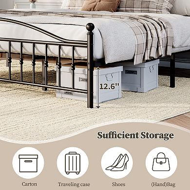 Platform Bed Frame, Metal Bed with Vintage Circular Headboard, Iron Construction, Noise-Free