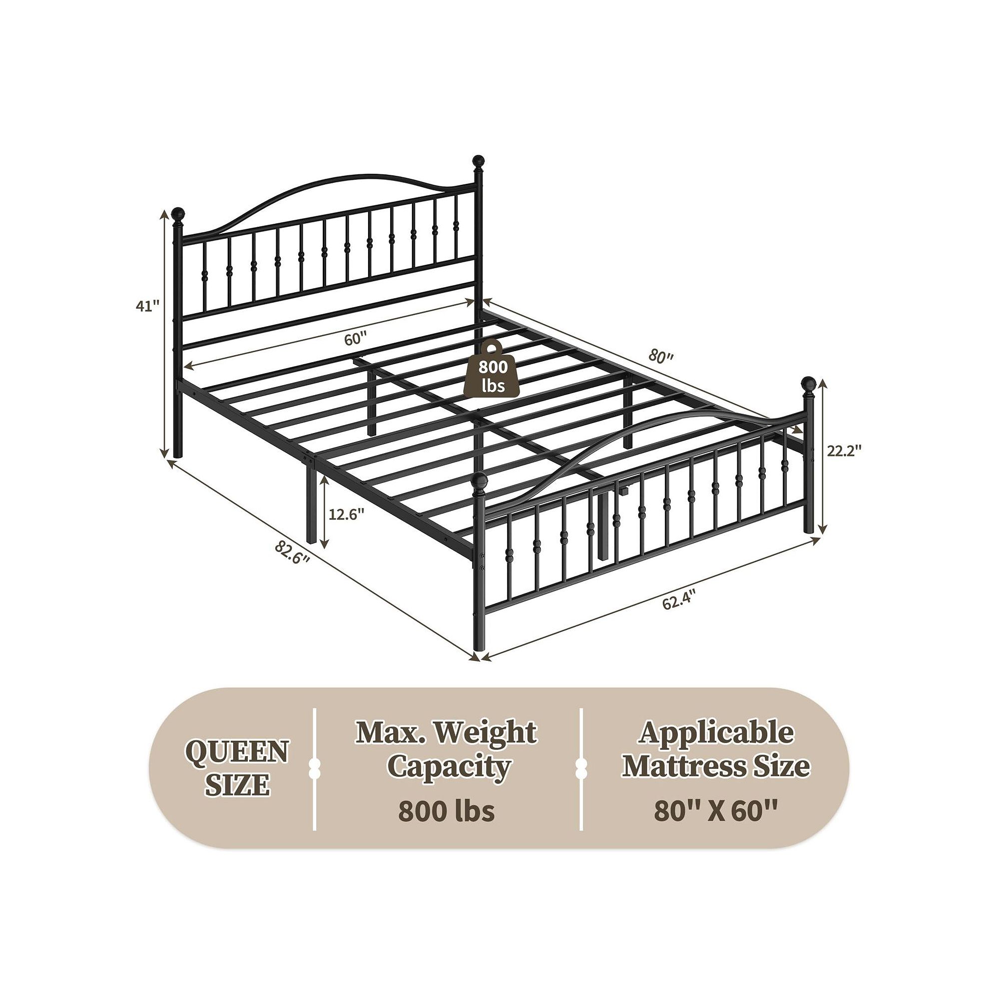 Black metal platform bed frame with vintage circular headboard and slat support