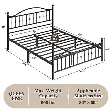 Platform Bed Frame, Metal Bed with Vintage Circular Headboard, Iron Construction, Noise-Free