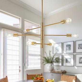 6-Light Mid-Century Modern Chandelier Brass Industrial Lighting Fixture