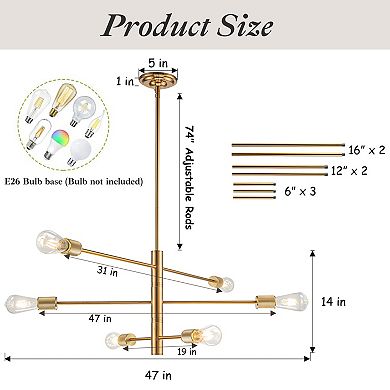 6-Light Mid-Century Modern Chandelier Brass Industrial Lighting Fixture