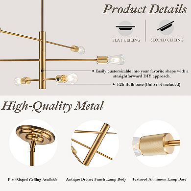 6-Light Mid-Century Modern Chandelier Brass Industrial Lighting Fixture