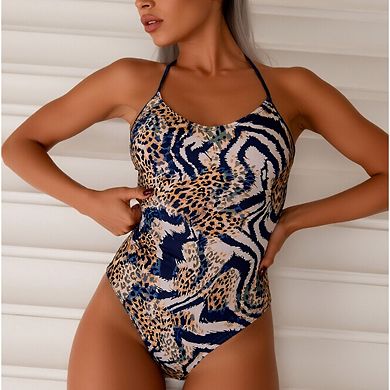 Women's Mixed Animal Print One Piece Swimsuit Spaghetti Strap Tummy Control Bathing Suit