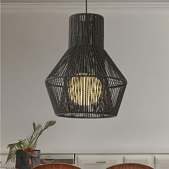 1-Light Modern Black Hand-Woven Rattan Chandelier Bubble Trasitional Cylinder Medium Natura Pendant