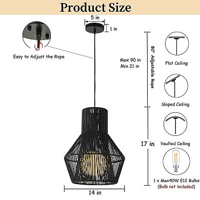 1-Light Modern Black Hand-Woven Rattan Chandelier Bubble Trasitional Cylinder Medium Natura Pendant