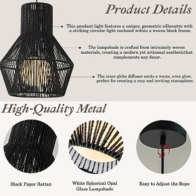 1-Light Modern Black Hand-Woven Rattan Chandelier Bubble Trasitional Cylinder Medium Natura Pendant