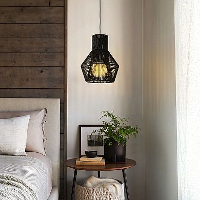 1-Light Modern Black Hand-Woven Rattan Chandelier Bubble Trasitional Cylinder Medium Natura Pendant
