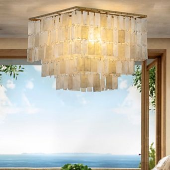 3-Light Unique/Statement Square Ceiling Light Coastal Natural Capiz Shell Tiered Flush Mount