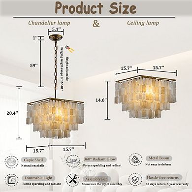 3-Light Unique/Statement Square Ceiling Light Coastal Natural Capiz Shell Tiered Flush Mount