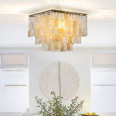 3-Light Unique/Statement Square Ceiling Light Coastal Natural Capiz Shell Tiered Flush Mount