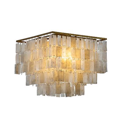 3-Light Unique/Statement Square Ceiling Light Coastal Natural Capiz Shell Tiered Flush Mount