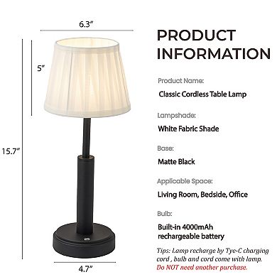 16'' Modern Classic Black Fabric Shade Rechargeable LED Table Lamp Touch Control Cordless USB Nights
