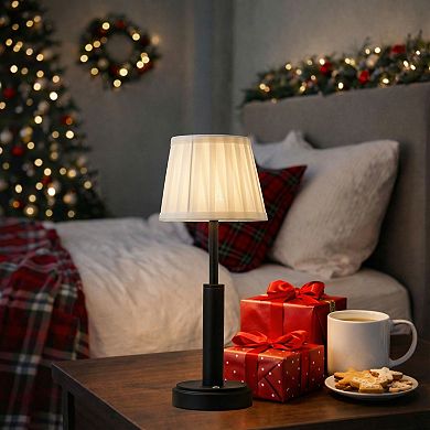 16'' Modern Classic Black Fabric Shade Rechargeable LED Table Lamp Touch Control Cordless USB Nights