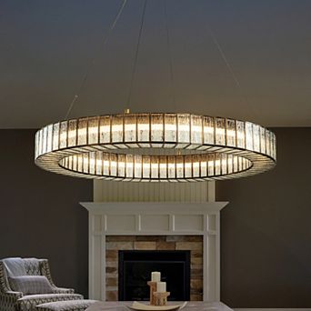 34'' Modern Halo Round Textured Glass Integrated Led Chandelier Brass Empire Led Ceiling Light