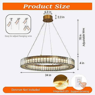34'' Modern Halo Round Textured Glass Integrated Led Chandelier Brass Empire Led Ceiling Light