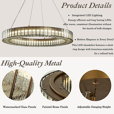 34'' Modern Halo Round Textured Glass Integrated Led Chandelier Brass Empire Led Ceiling Light