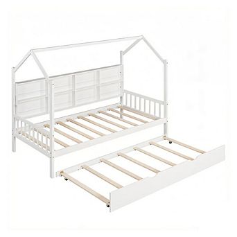 GOODSILO Twin Size Playhouse Style Bed with Storage Shelf and Trundle