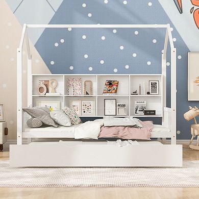 GOODSILO Twin Size Playhouse Style Bed with Storage Shelf and Trundle