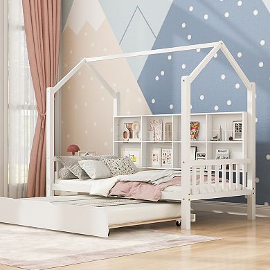 GOODSILO Twin Size Playhouse Style Bed with Storage Shelf and Trundle